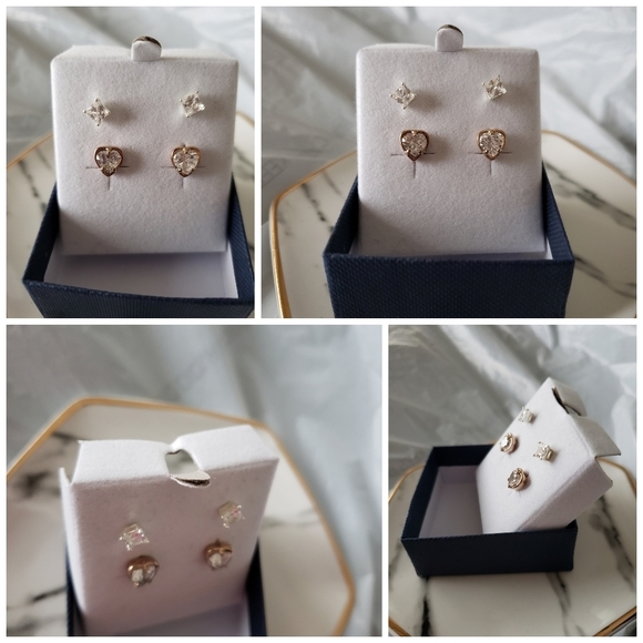 Earrings Brilliant Cuts Princess 925 SS & Heart Shape Rose Gold/Sterling NWT - Picture 3 of 6